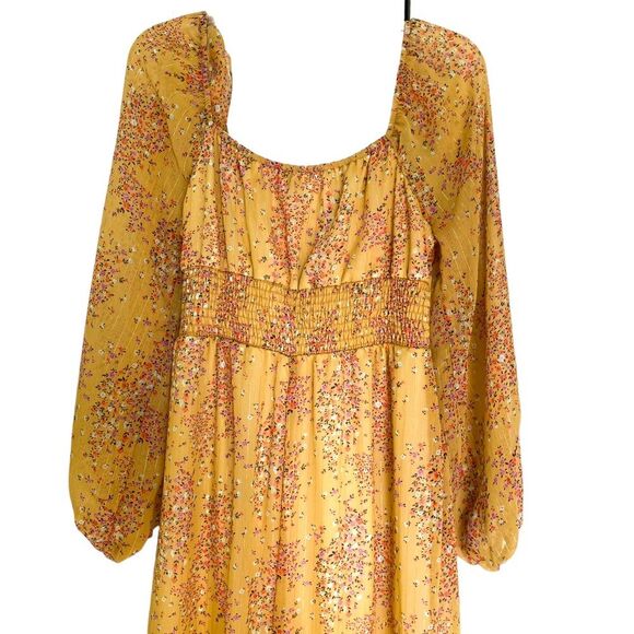 Piper and Scoot Yellow Shimmer Floral Long Sleeve Midi Dress Size Medium - Picture 10 of 12